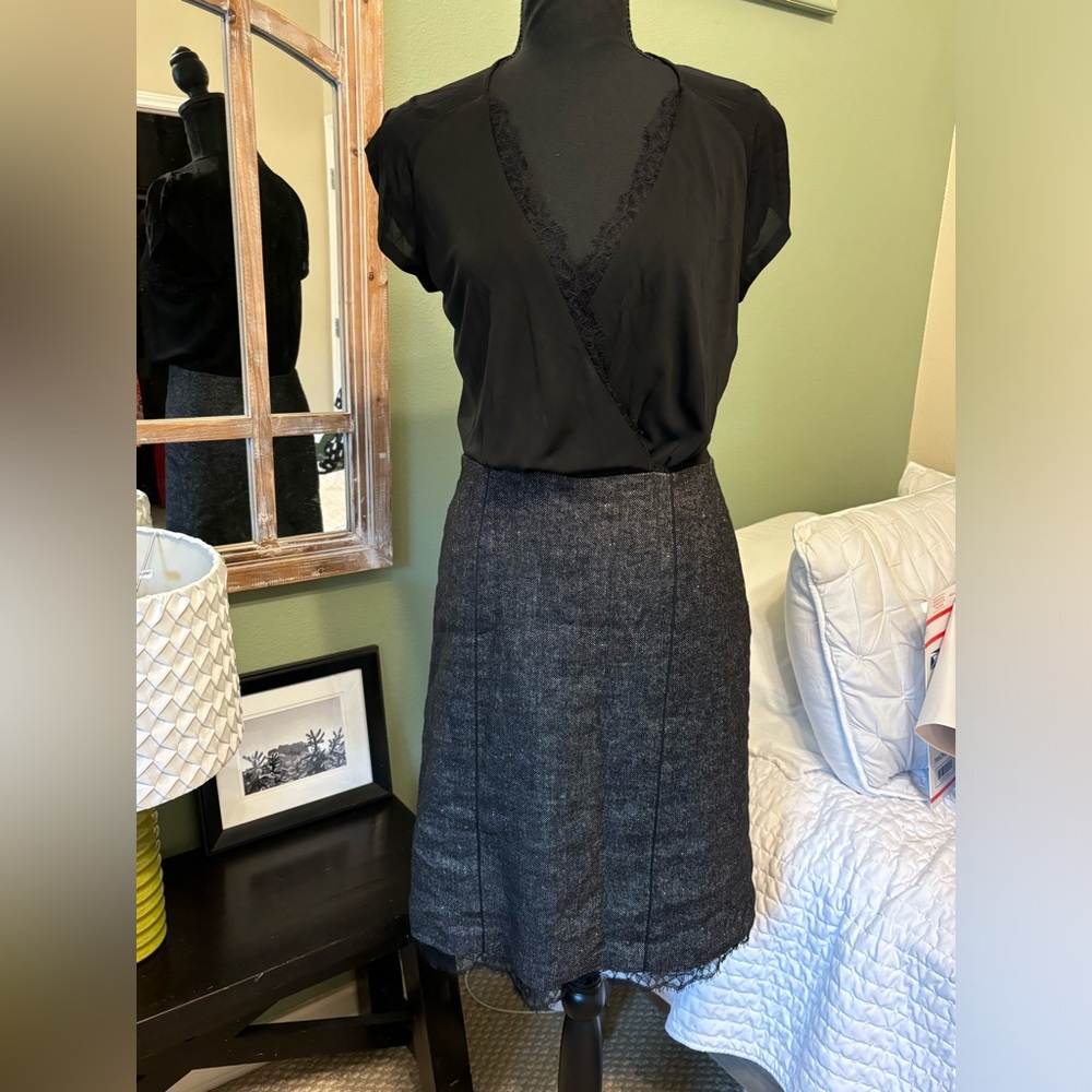 Rebecca Taylor linen wool dress Sz 6 Black Gray Lace Dress V-neck career Medium